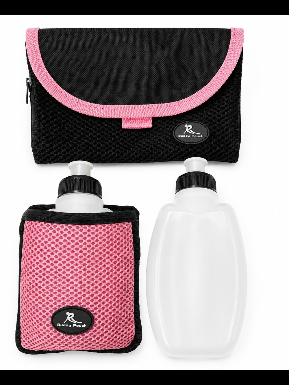 Buddy Pouch Hydration Belt Storage Pouch Set W/ 2 Water Bottles Black & Pink